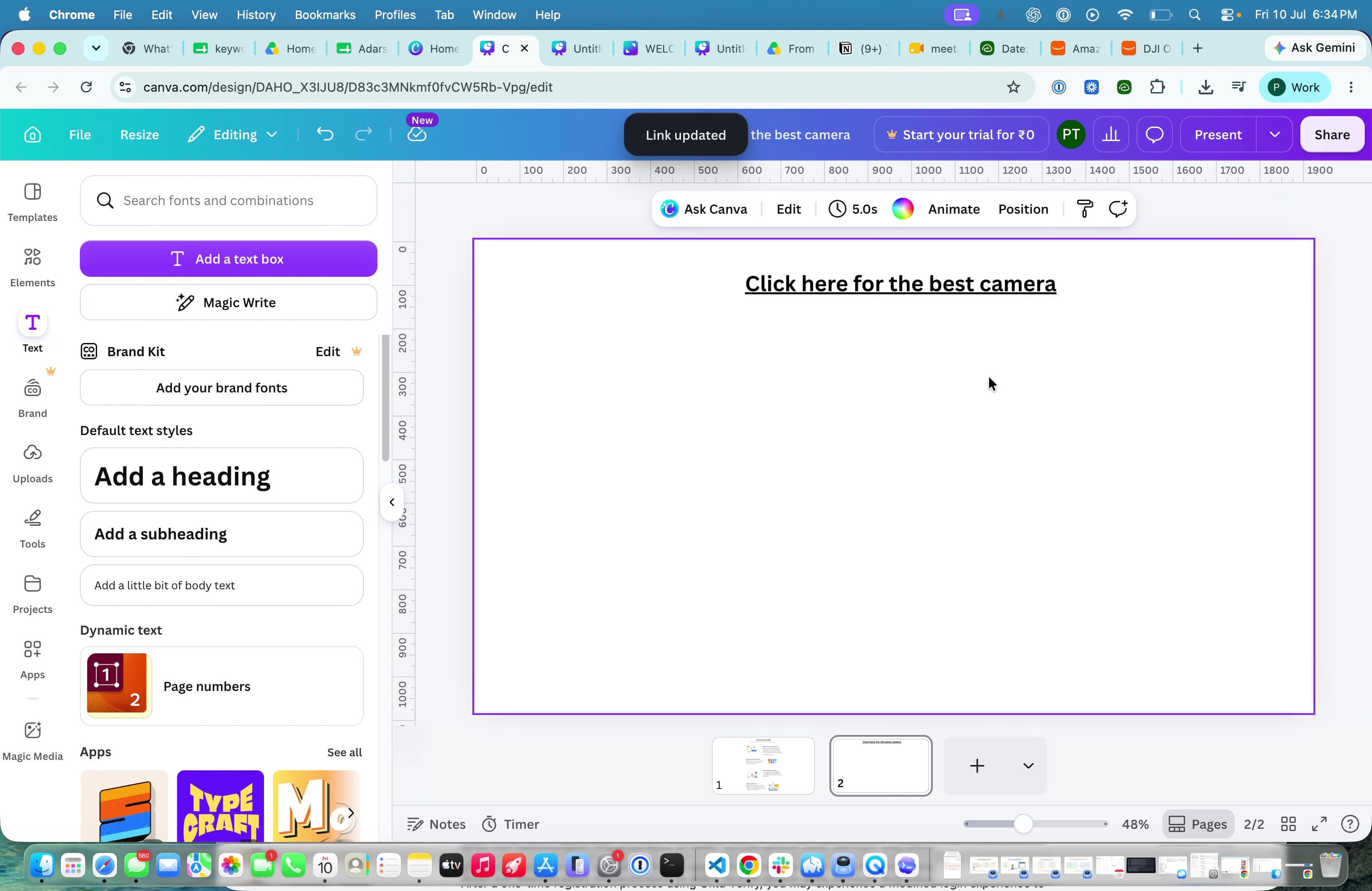 Canva editor showing underlined linked text and a Link updated confirmation.