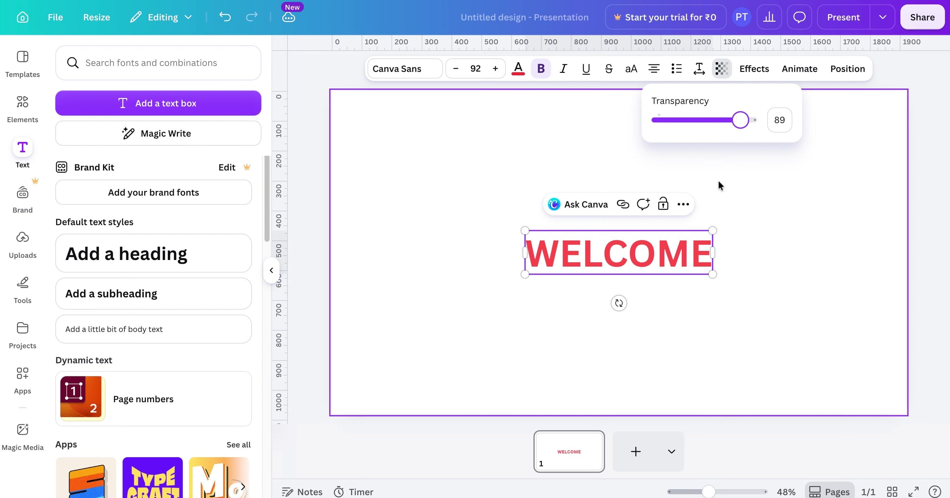 Canva editor showing red Welcome text selected with the transparency control open.