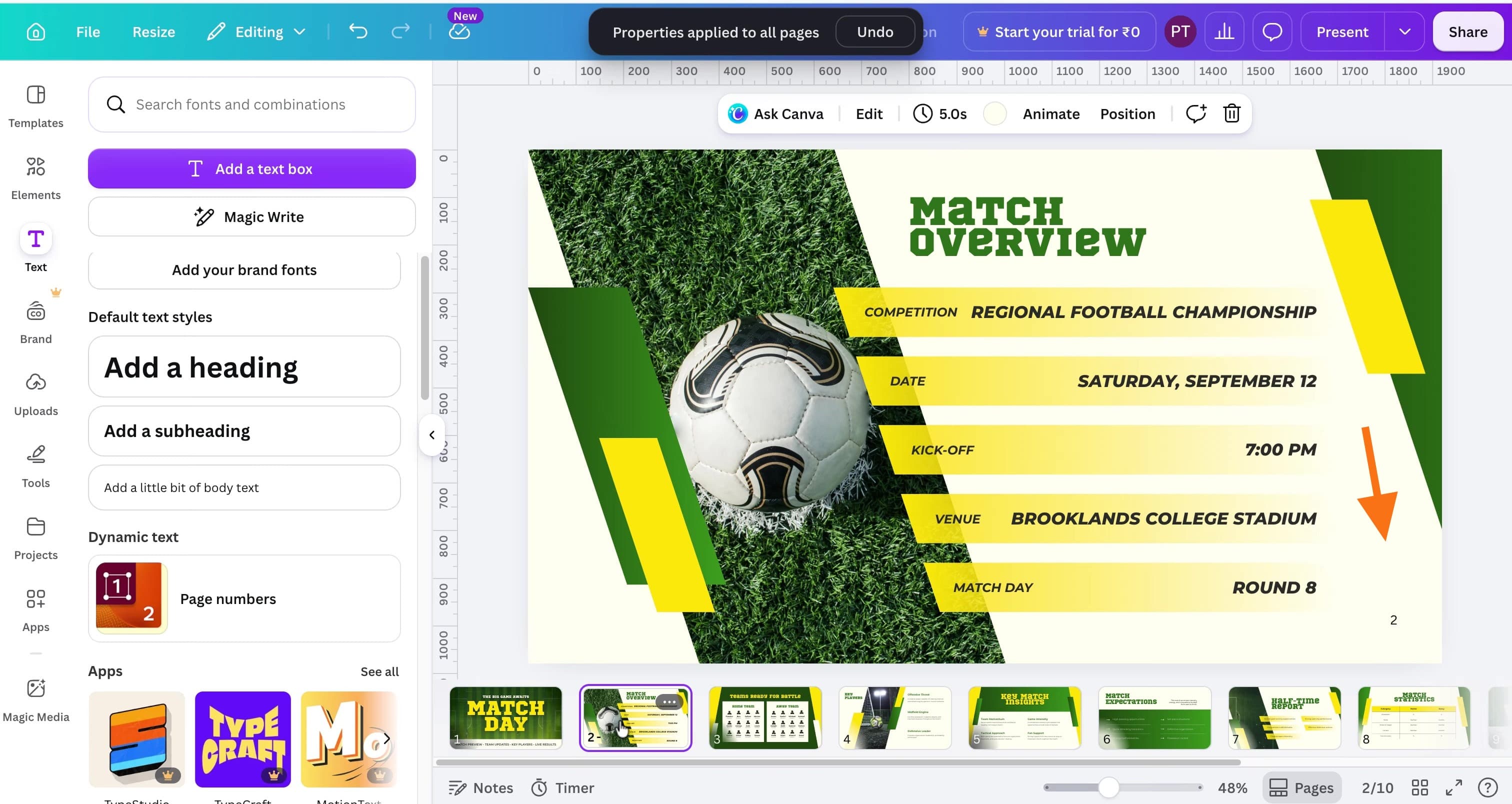 Canva editor showing a football presentation with page numbers applied to all slides.