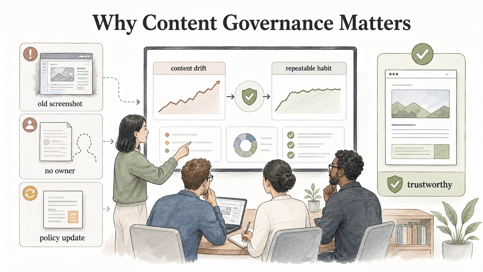 Governance prevents content drift by turning quality, ownership, and review into a repeatable operating habit.