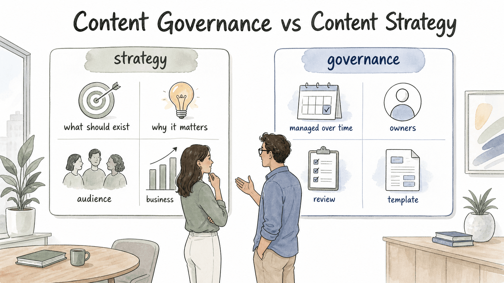 Strategy decides what content should exist; governance keeps that content useful after launch.