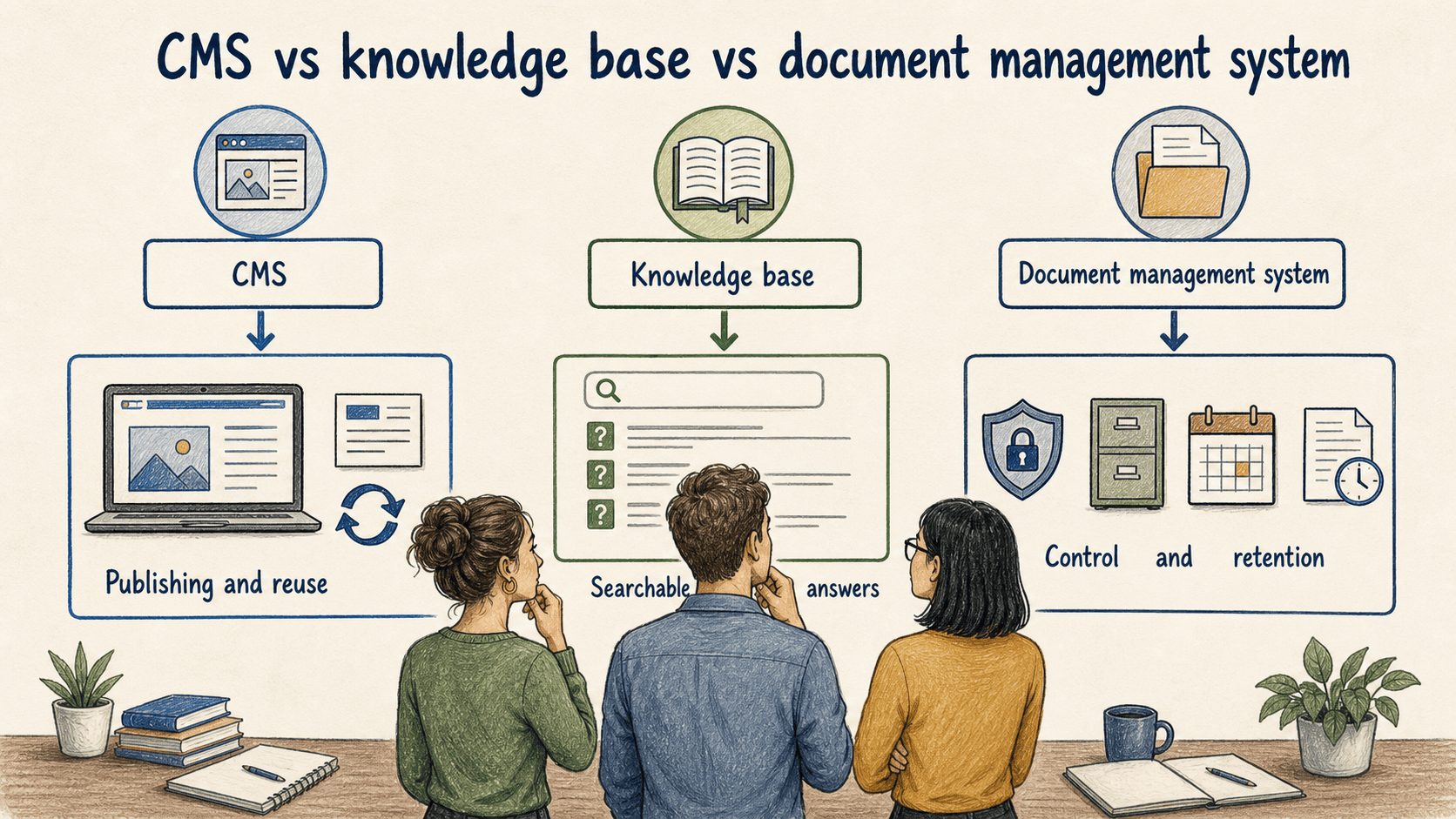 A CMS prioritizes publishing and reuse, a knowledge base provides searchable answers, and a document management system emphasizes control and retention.
