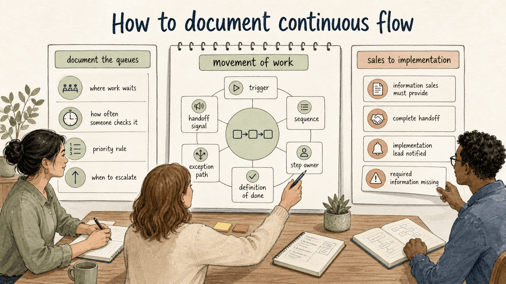 Continuous flow documentation should capture movement, not just task instructions: trigger, sequence, owner, handoff signal, definition of done, exception path, and queue rules.