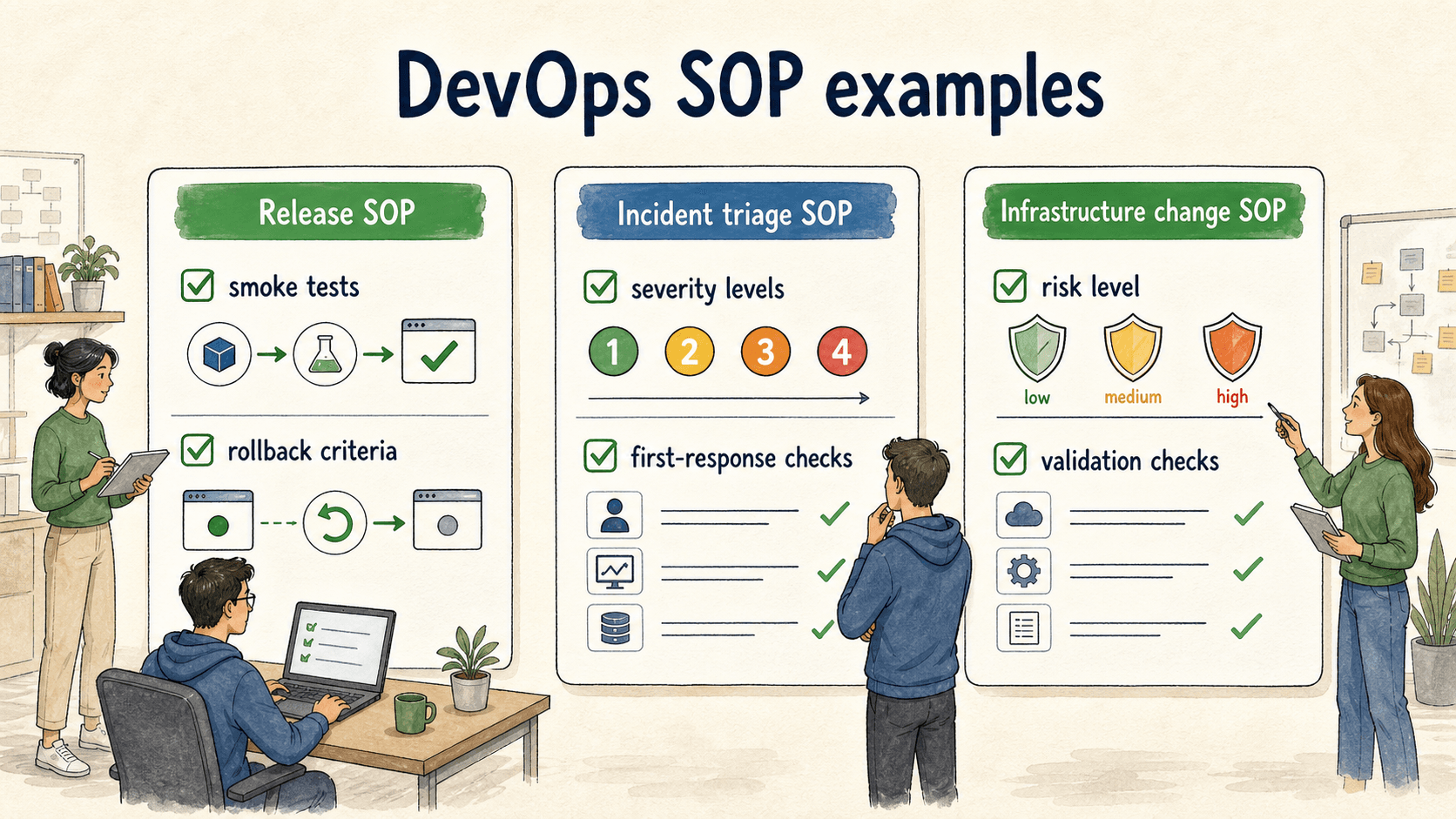 Release, incident triage, and infrastructure change SOPs each protect a different kind of operational risk.
