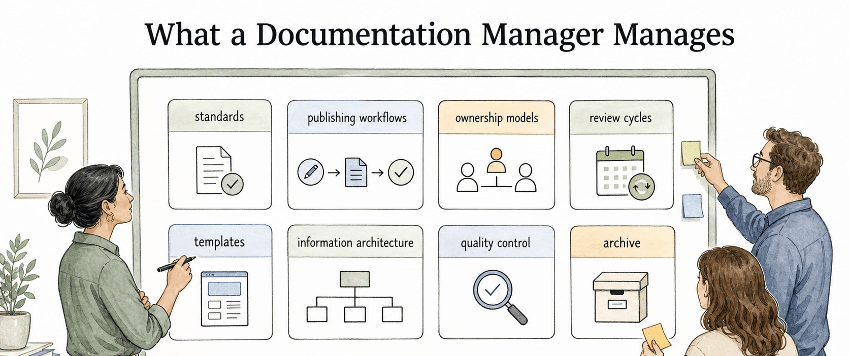 Documentation managers oversee standards, workflows, ownership models, review cycles, templates, architecture, quality control, and archiving.