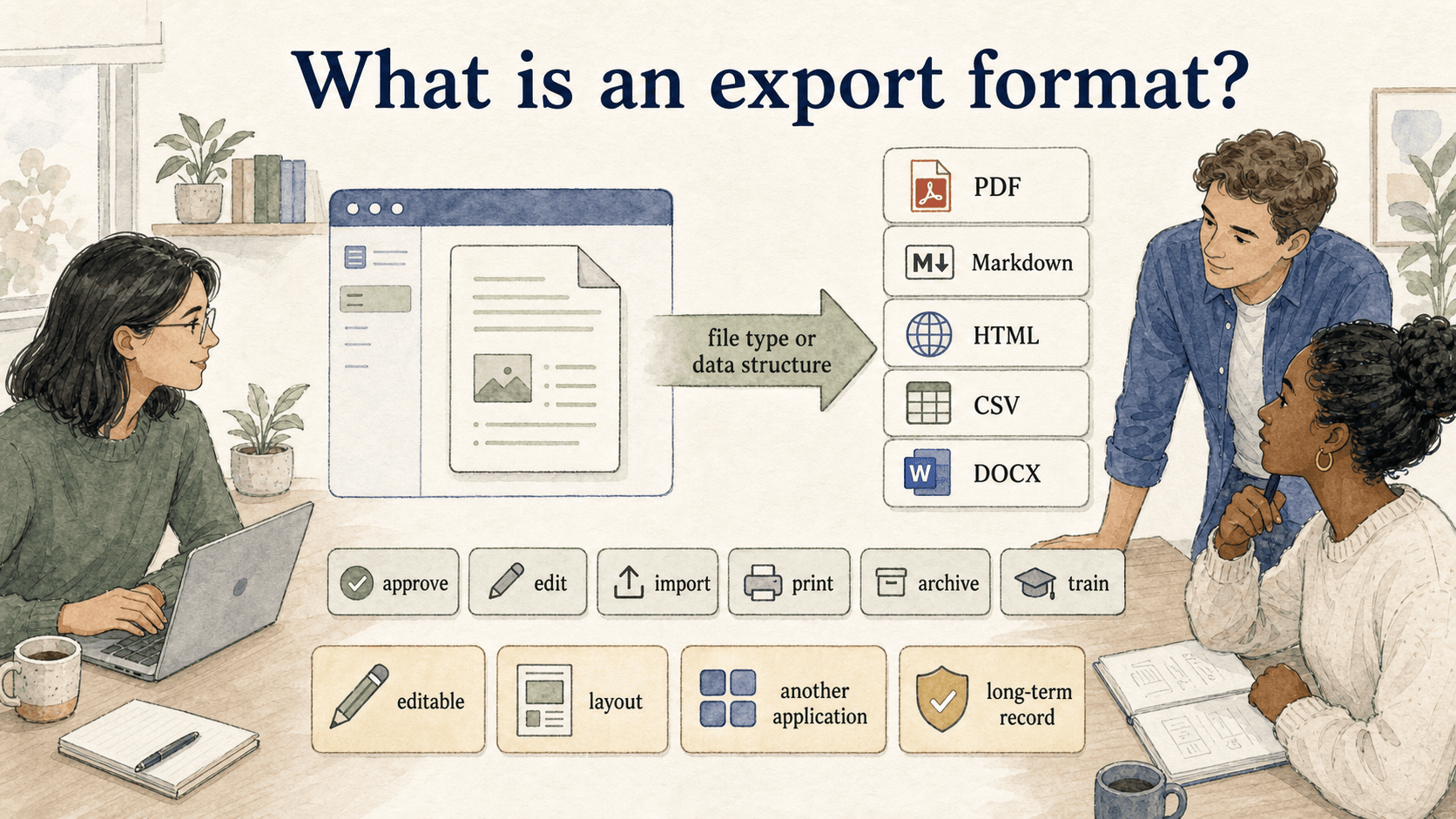 An export format determines whether content stays editable, keeps its layout, works in another application, or stands up as a long-term record.