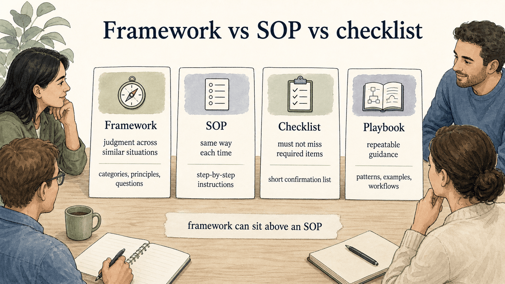 Frameworks guide judgment, SOPs guide execution, checklists prevent missed items, and playbooks provide scenario guidance.