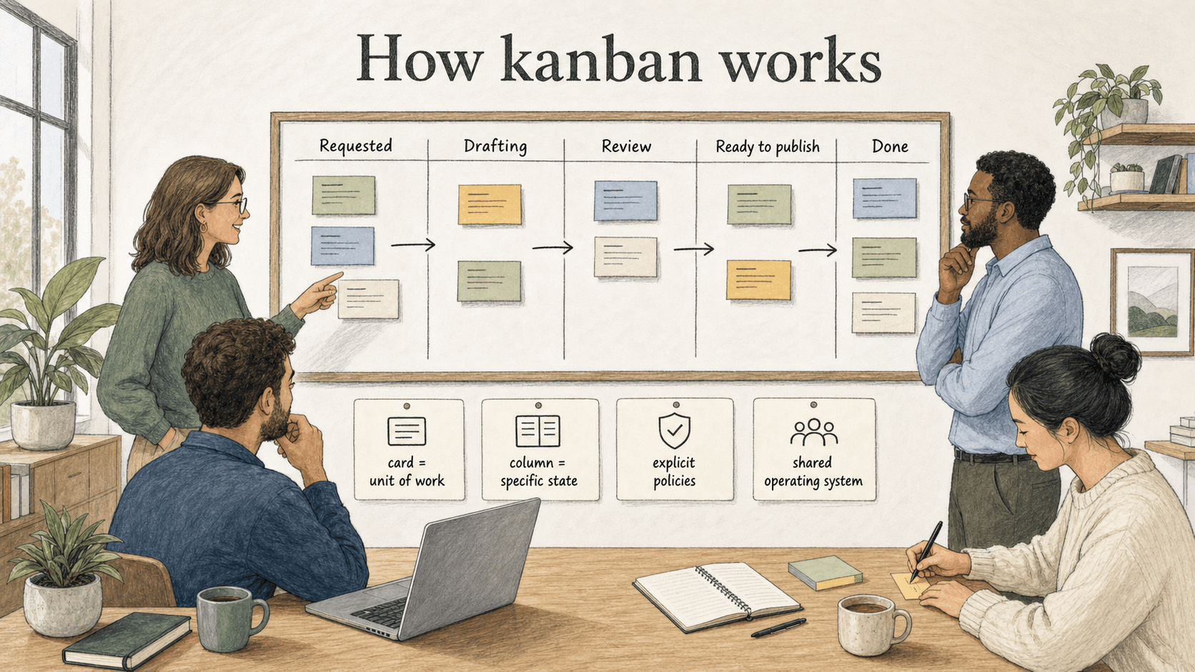 A kanban system represents work as cards and workflow stages as columns, but the policy behind the board makes it useful.