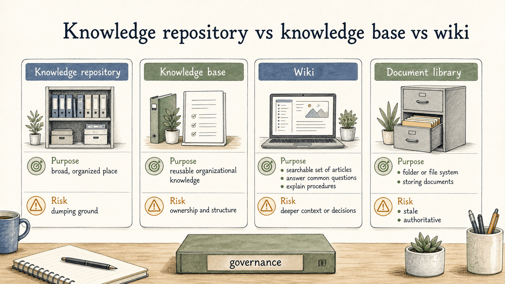 A repository can include a knowledge base, wiki pages, and document libraries, but governance keeps each source useful and trustworthy.