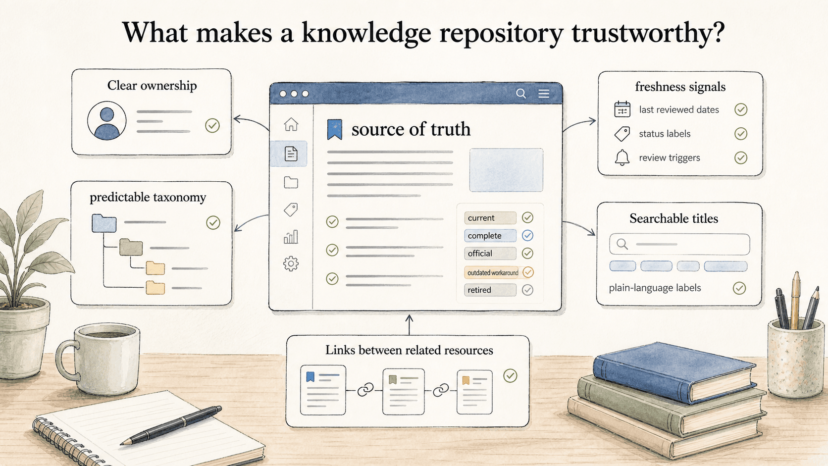 A trusted repository depends on ownership, taxonomy, freshness signals, searchable labels, and links between related resources.