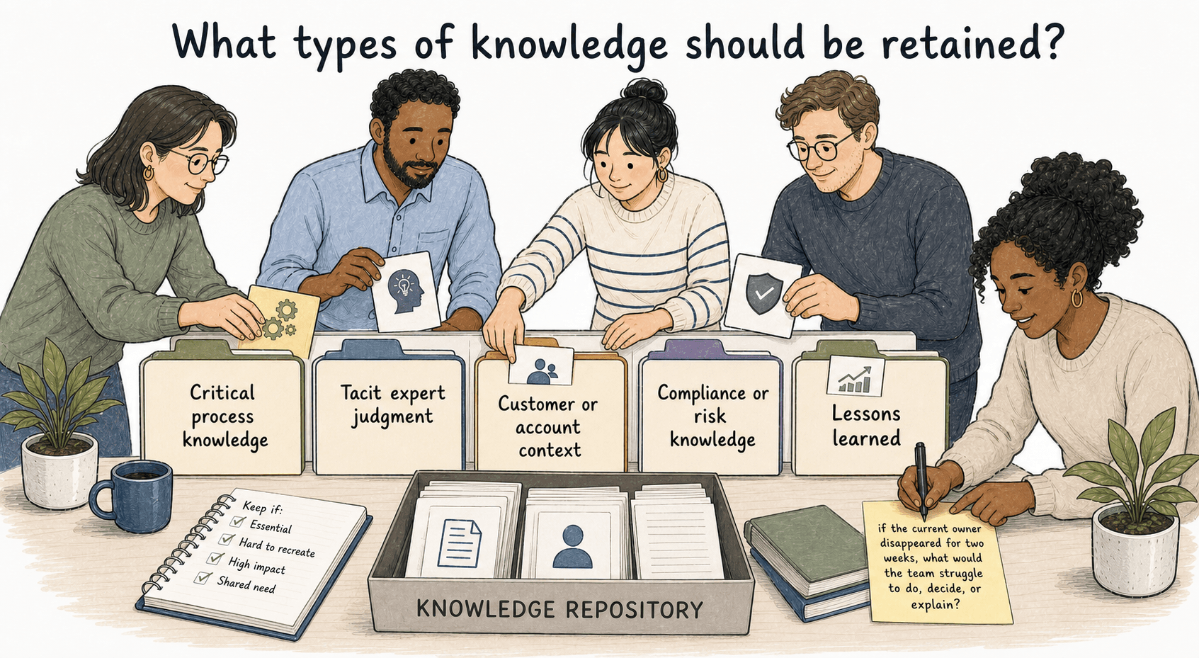 Knowledge retention usually focuses on know-how that is difficult to recreate quickly.