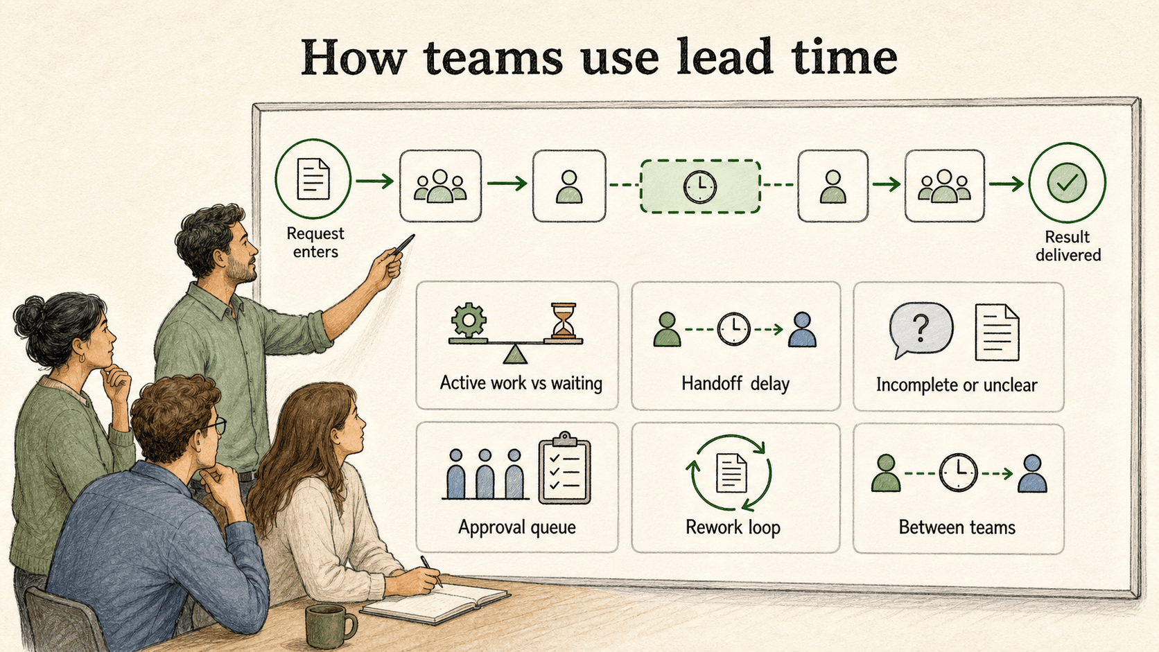 A lead-time review separates active work from waiting and identifies queues.