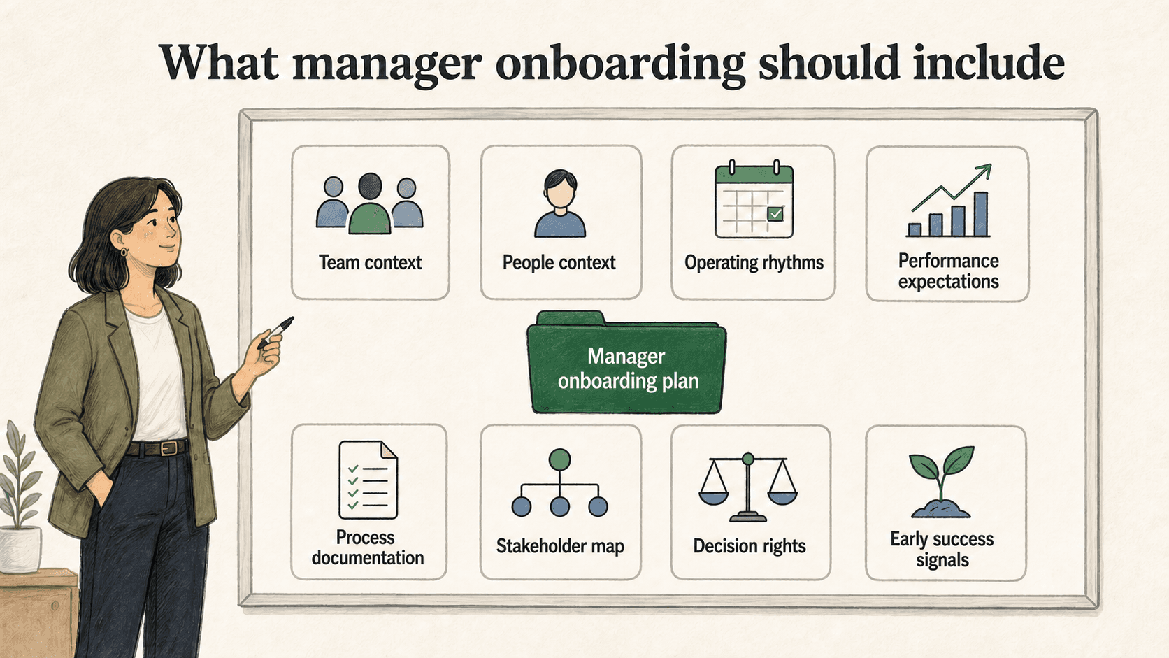 A strong manager onboarding plan brings together team context, operating rhythms, decision rights, documentation, and early success signals.