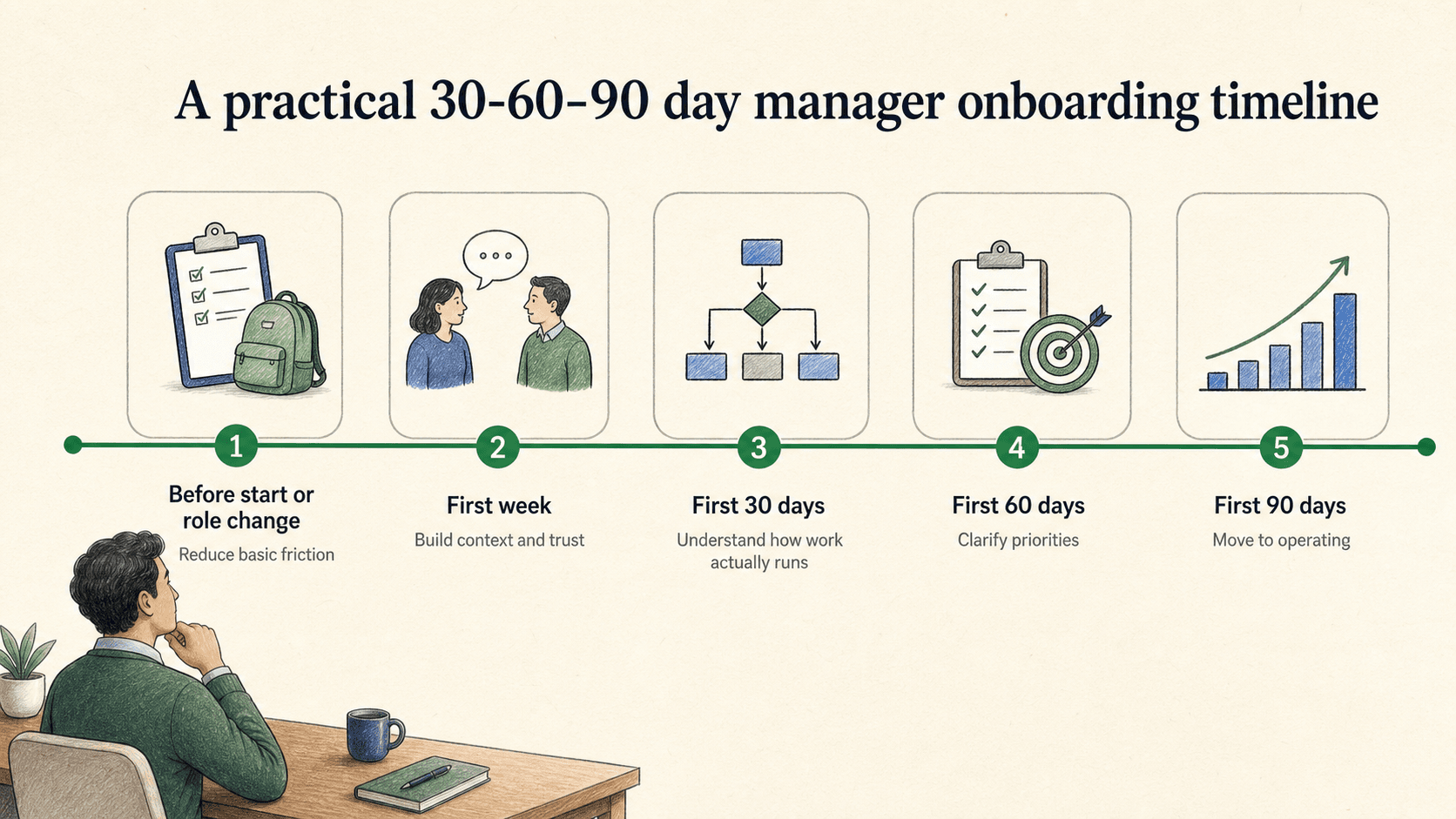 A 30-60-90 day manager onboarding timeline helps new managers learn the system before they start changing it.