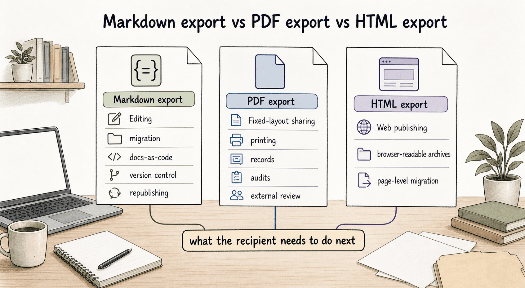 Markdown is strongest when the next step is editing or migration; PDF and HTML are better for fixed-layout sharing or web-readable archives.