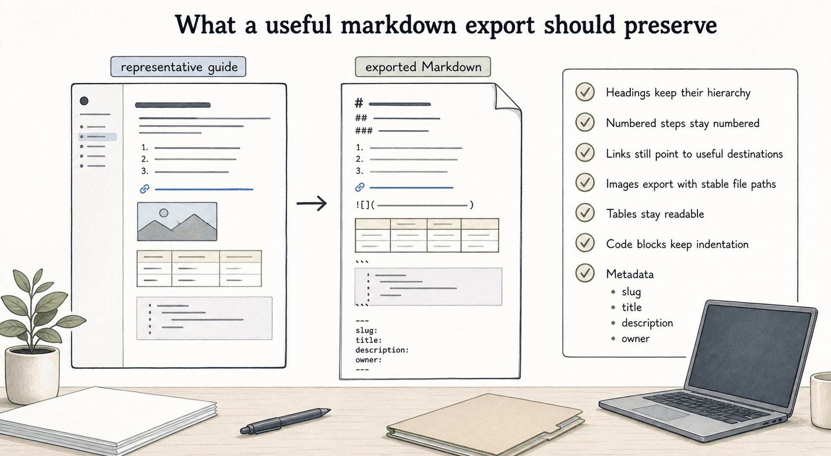 Before relying on an export workflow, test whether headings, numbered steps, links, images, tables, code blocks, and metadata survive.