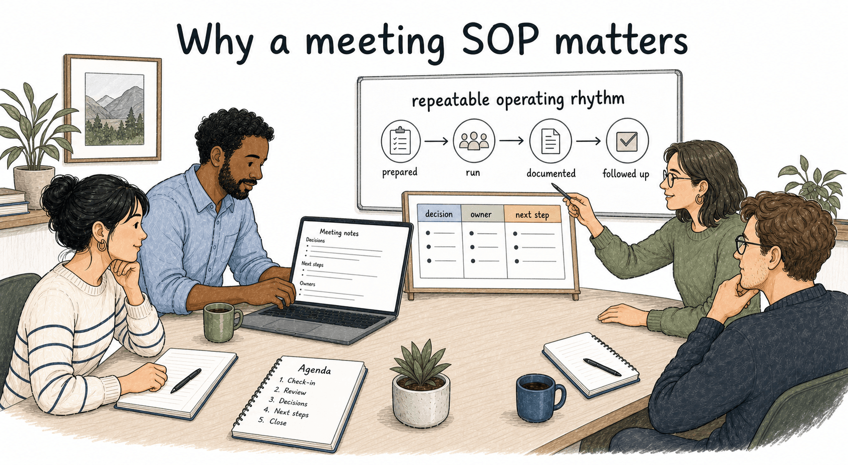 A meeting SOP turns the meeting into a repeatable operating rhythm.