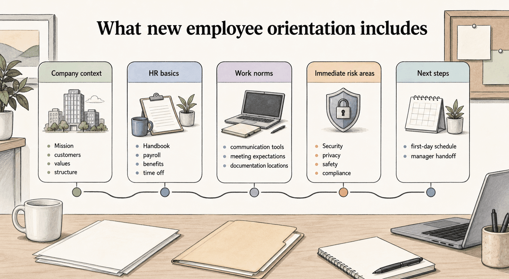 A strong orientation program gives employees a selective first-day map: company context, HR basics, work norms, immediate risks, and next steps.