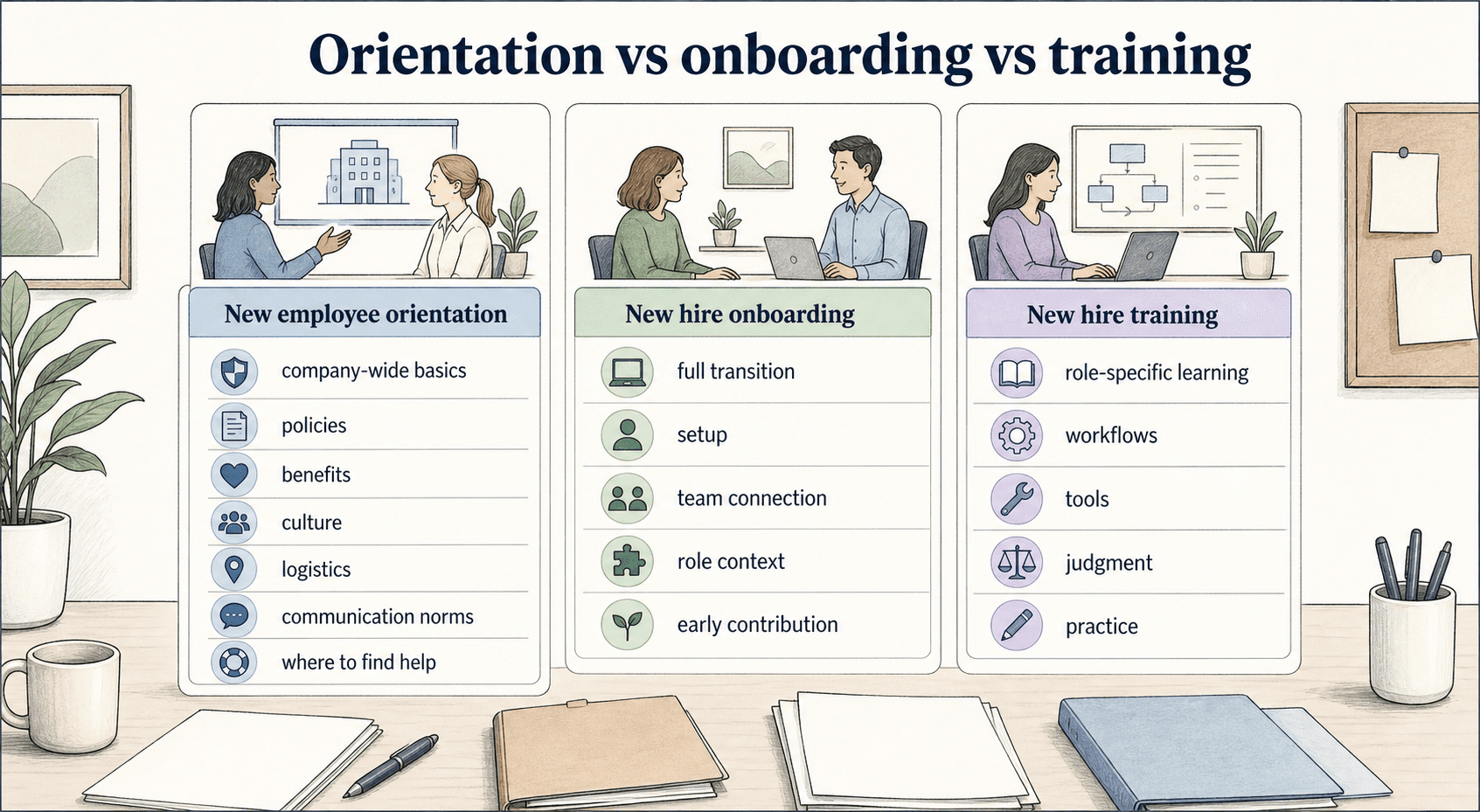 Orientation introduces company-wide basics, onboarding manages the full transition, and training teaches role-specific work.