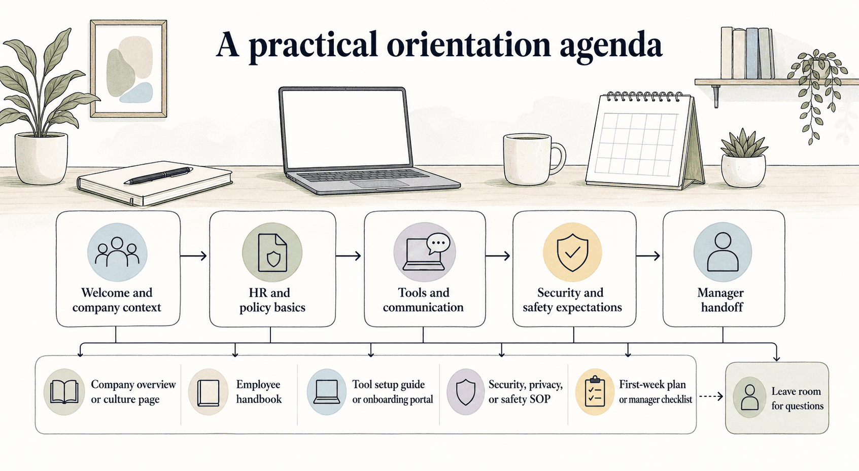 A useful agenda pairs each orientation topic with a follow-up resource and leaves room for questions.