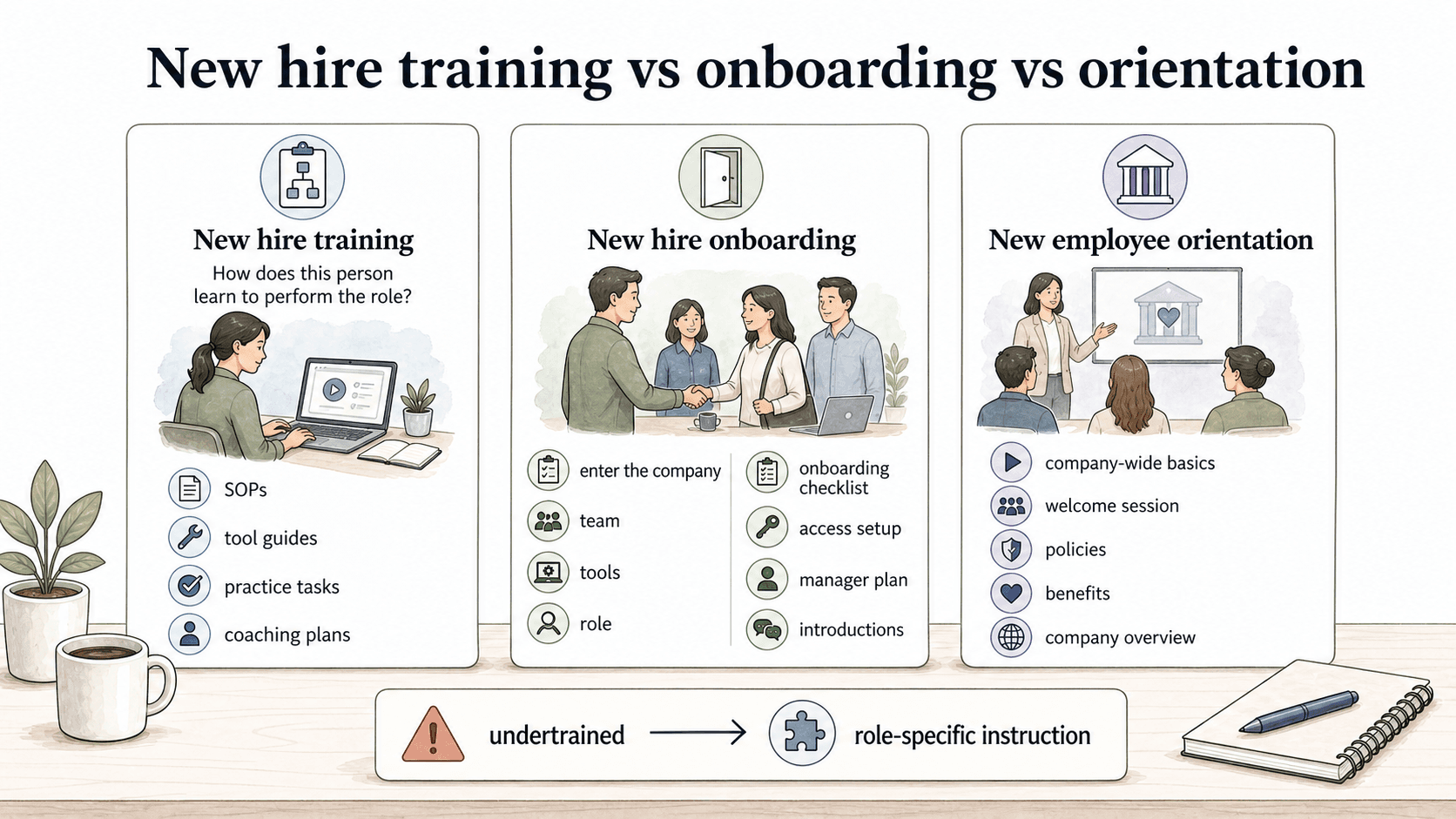 Training teaches the role, onboarding helps the person enter the team and tools, and orientation covers company-wide basics.