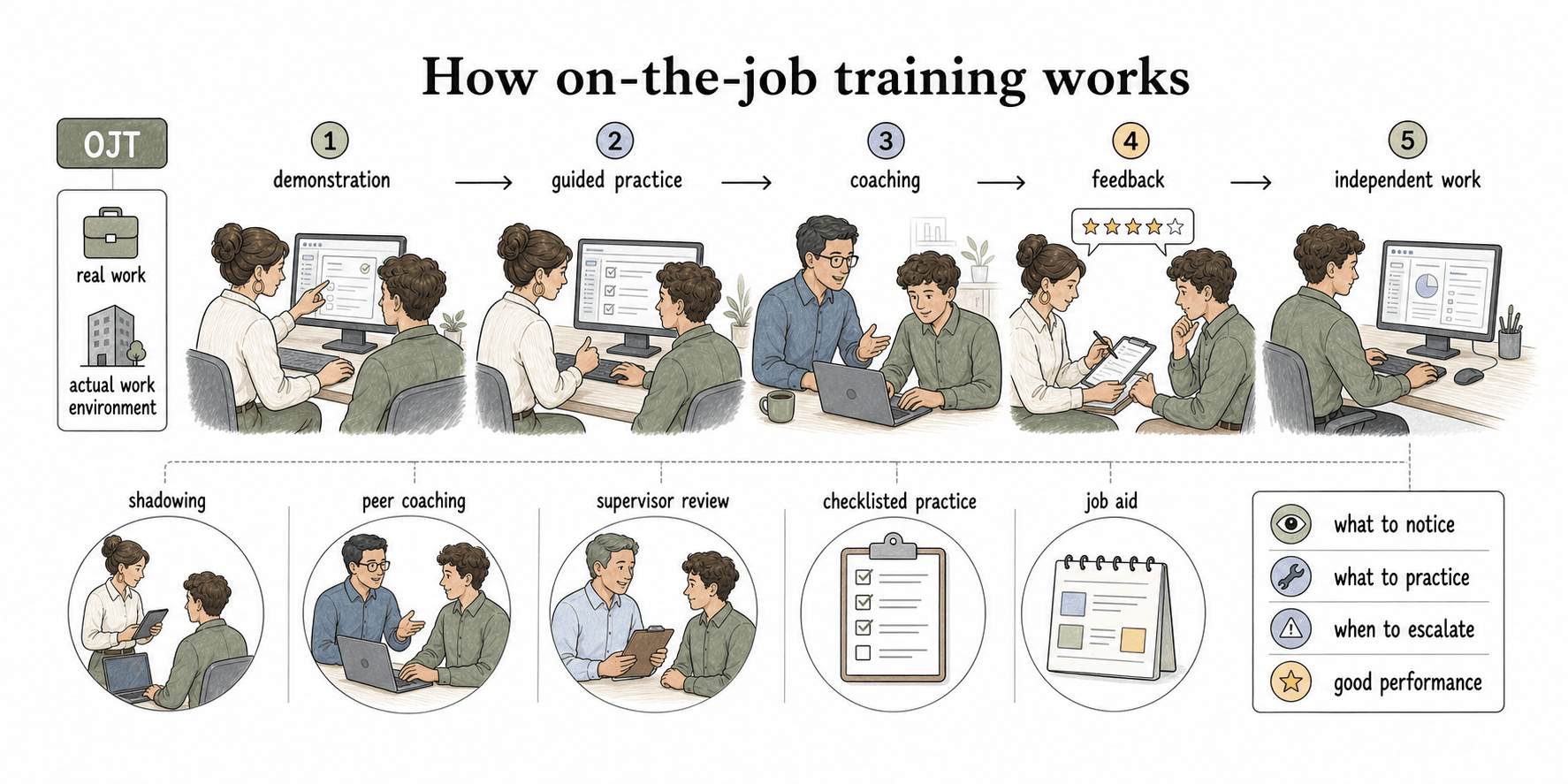 OJT works best when learners observe real work, practice with supervision, receive feedback, and gradually take ownership of the task.