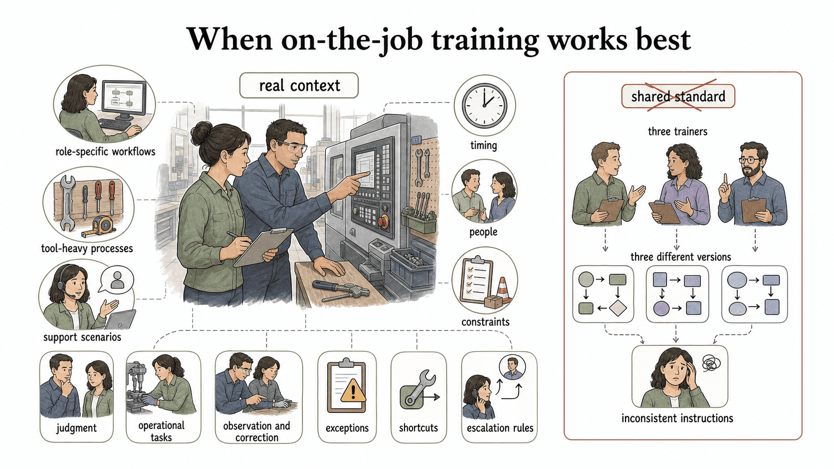 OJT is strongest when the task depends on real context, but it needs a shared standard to avoid inconsistent instructions.