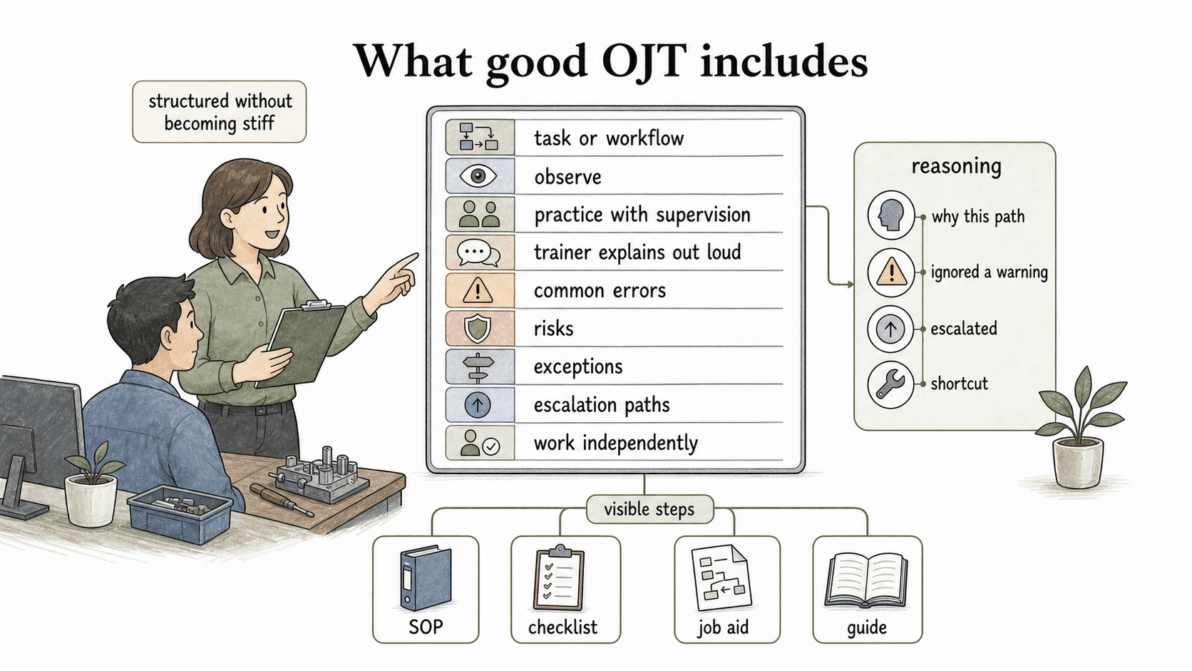 Good OJT makes the trainer's reasoning visible, not just the task steps.