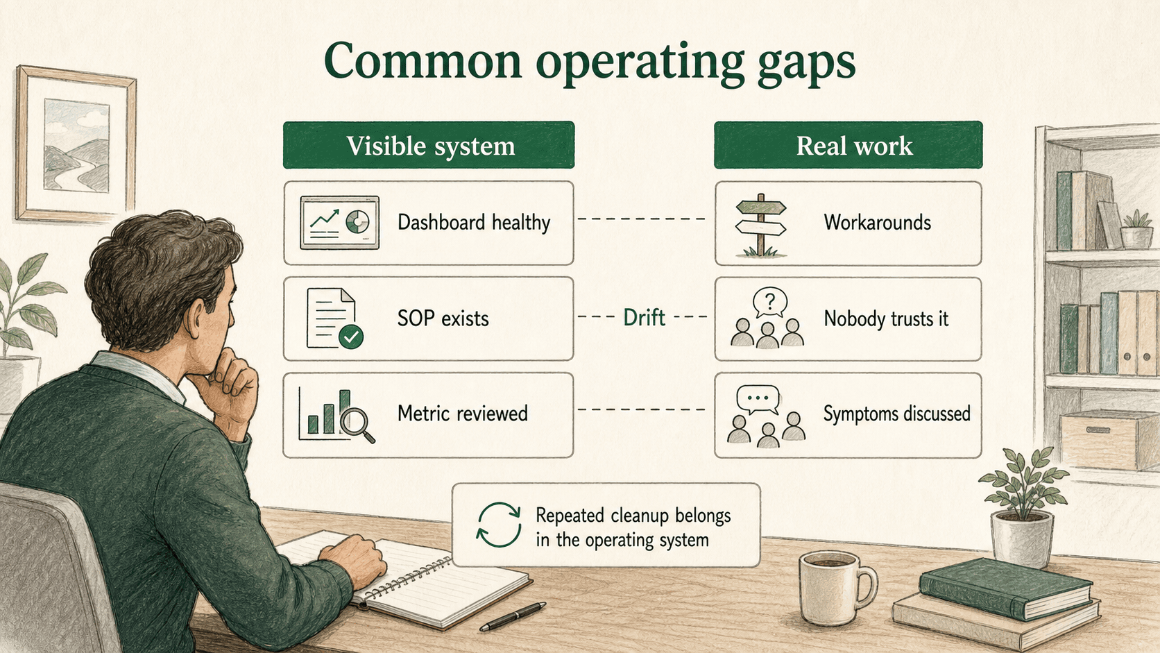 Operating gaps appear when formal standards look healthy but real work relies on workarounds.