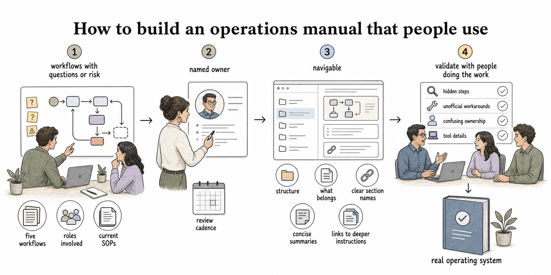 A useful operations manual starts with high-question workflows, has an owner, stays navigable, and is validated by the people doing the work.