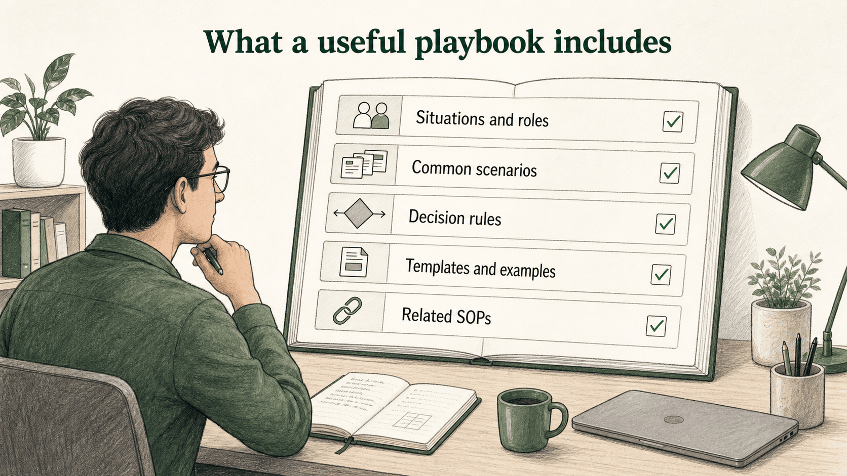A useful playbook makes scenarios, decision rules, templates, examples, and related SOPs visible during real work.