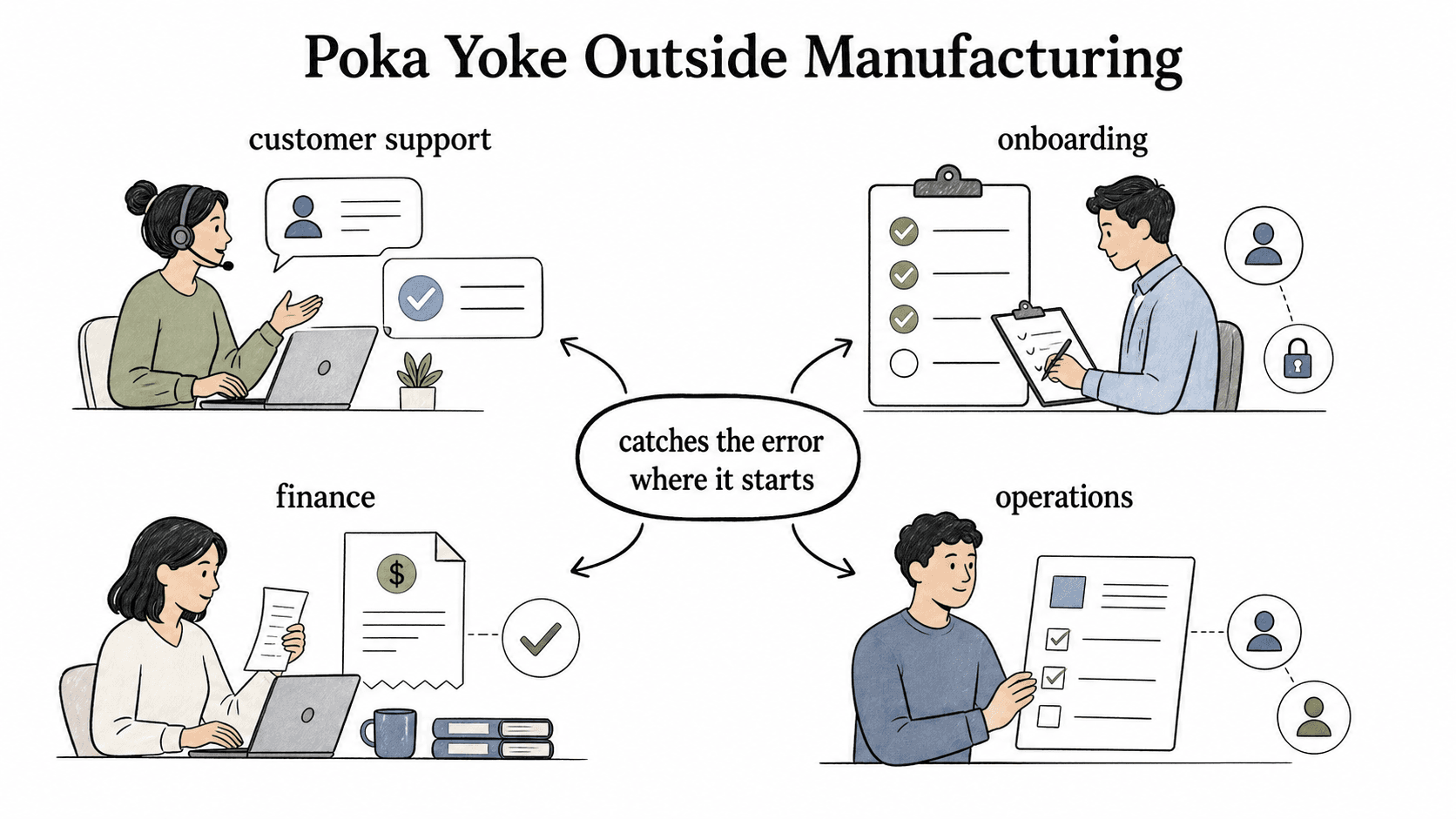 Poka yoke works anywhere repeatable work can fail in predictable ways.