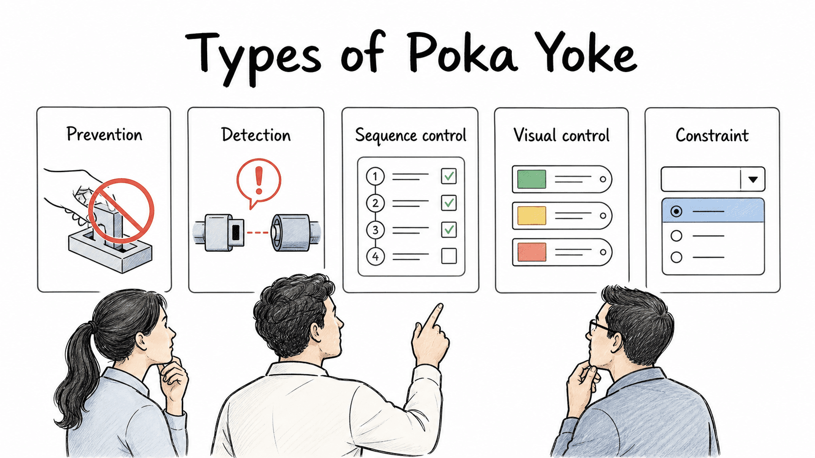 Prevention, detection, sequence control, visual control, and constraints help teams reduce predictable errors.