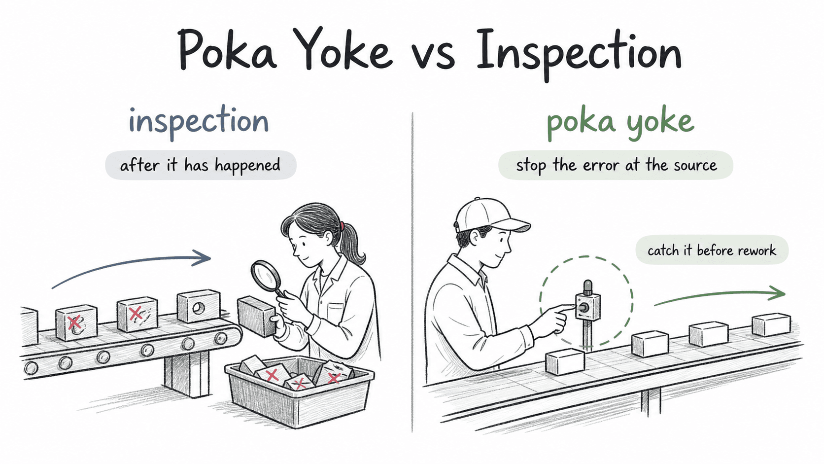 Inspection finds defects after work happens; poka yoke catches errors before they create rework.