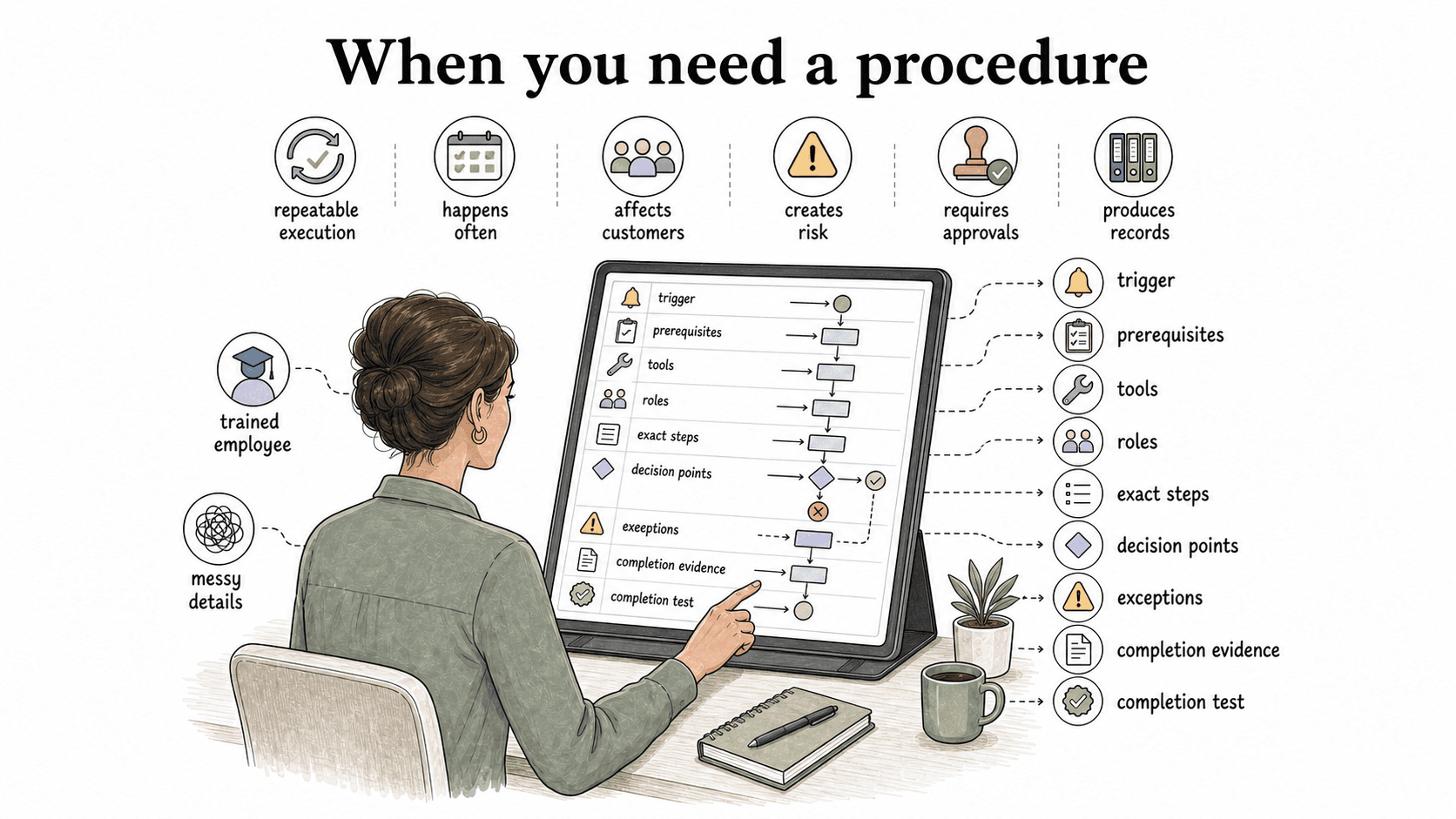 Use a procedure when employees need repeatable execution with triggers, tools, roles, decision points, exceptions, and completion evidence.