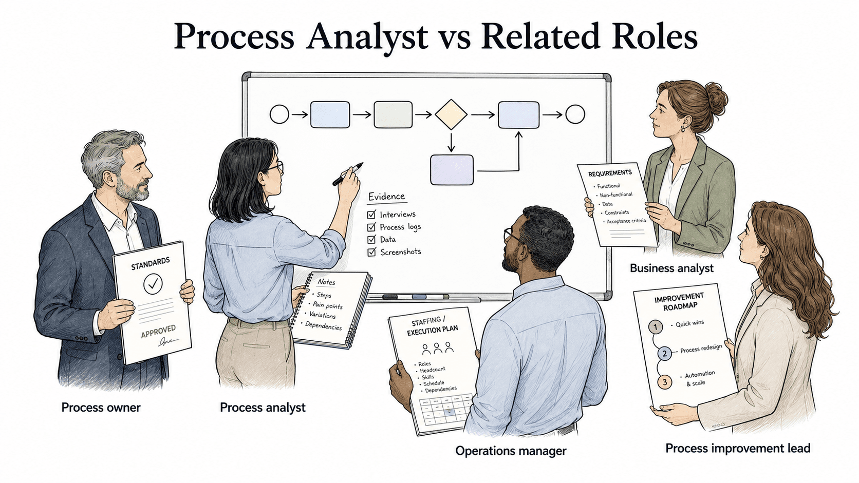 Related roles may overlap, but each one answers a different process question.