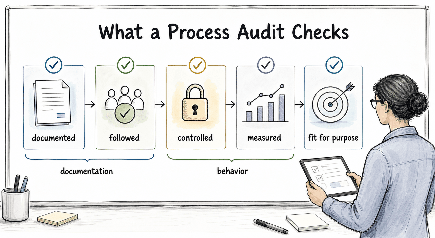 A practical process audit checks whether the process is documented, followed, controlled, measured, and still fit for purpose.