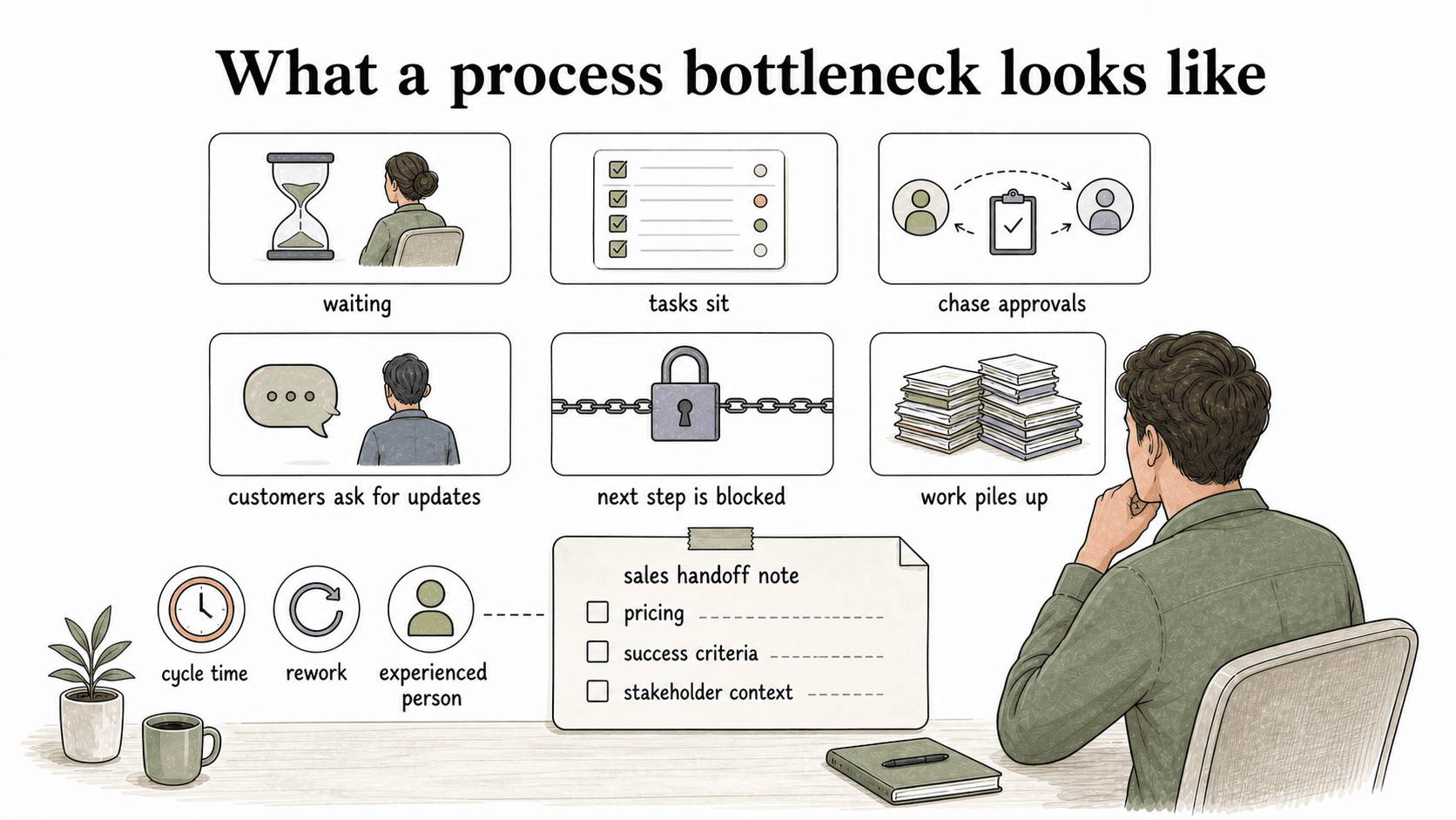 Bottlenecks often show up as waiting, blocked next steps, approval chasing, rework, and missing handoff context before they become visible failures.