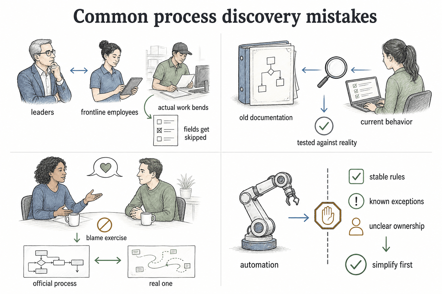 Process discovery fails when teams rely only on leaders, trust old documentation, create blame, or automate too soon.