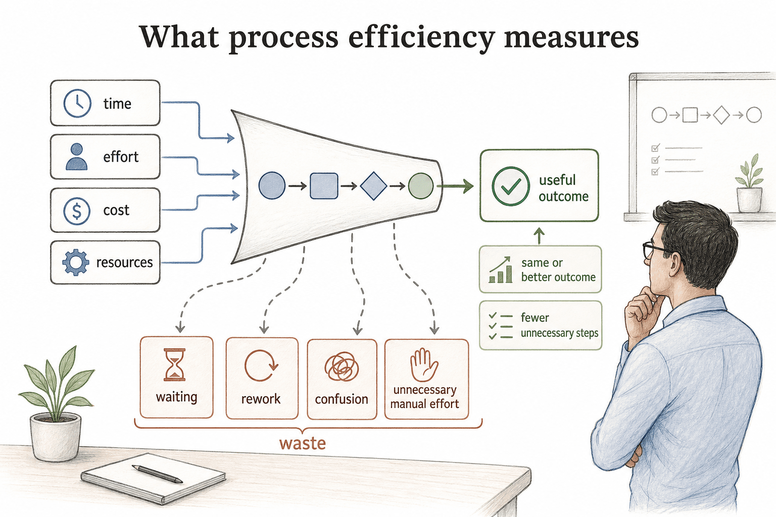 Process efficiency compares workflow inputs with outputs to produce the same or better outcome with less waste.