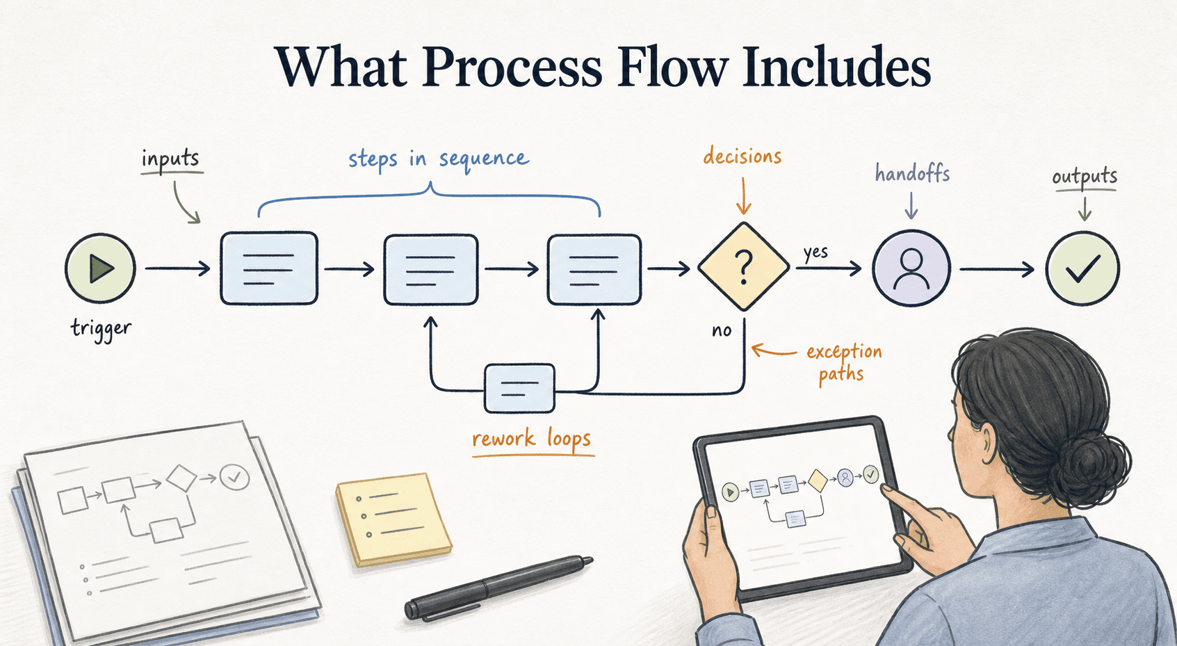 Process flow shows how work moves from a trigger to a finished outcome, including steps in sequence, inputs, outputs, decisions, handoffs, exception paths, and rework loops.