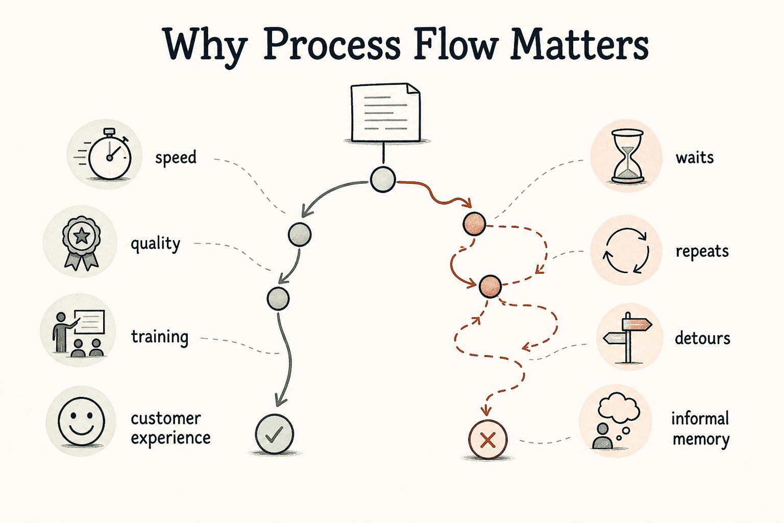 Clear process flow improves speed, quality, training, and customer experience by reducing waits, repeats, detours, and dependence on informal memory.