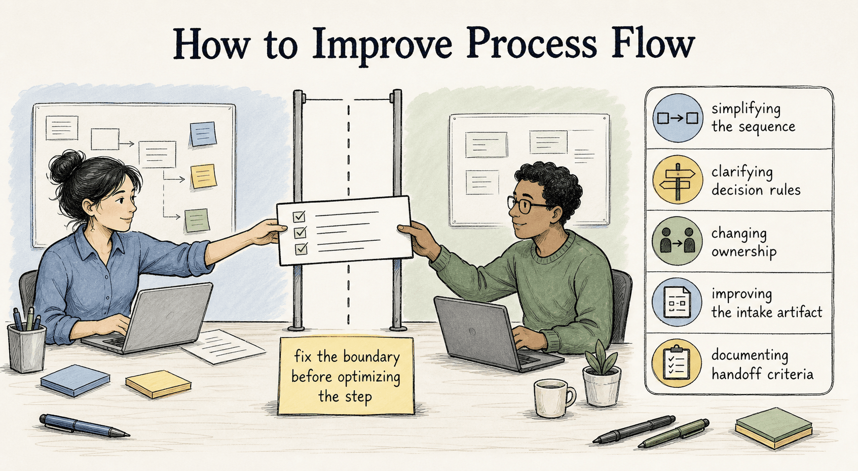 Improving process flow often starts at the boundary between steps: clarifying decisions, ownership, intake artifacts, and handoff criteria before optimizing individual tasks.