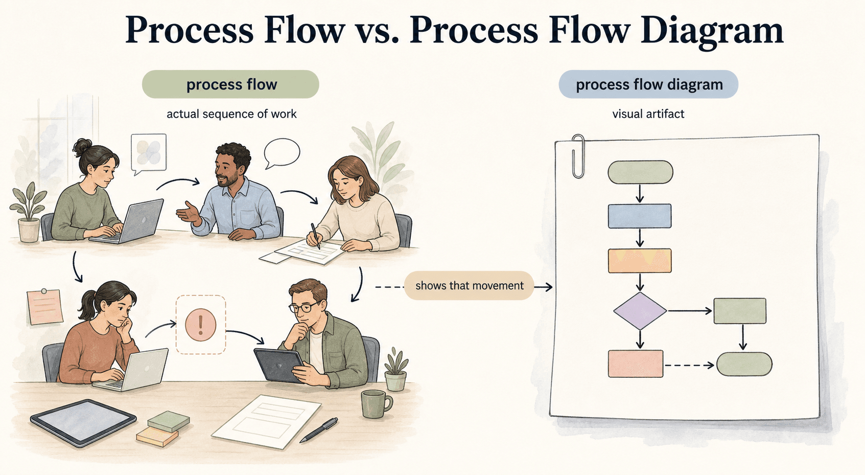 Process flow is the actual sequence of work; a process flow diagram is the visual artifact that helps teams inspect and explain that movement.