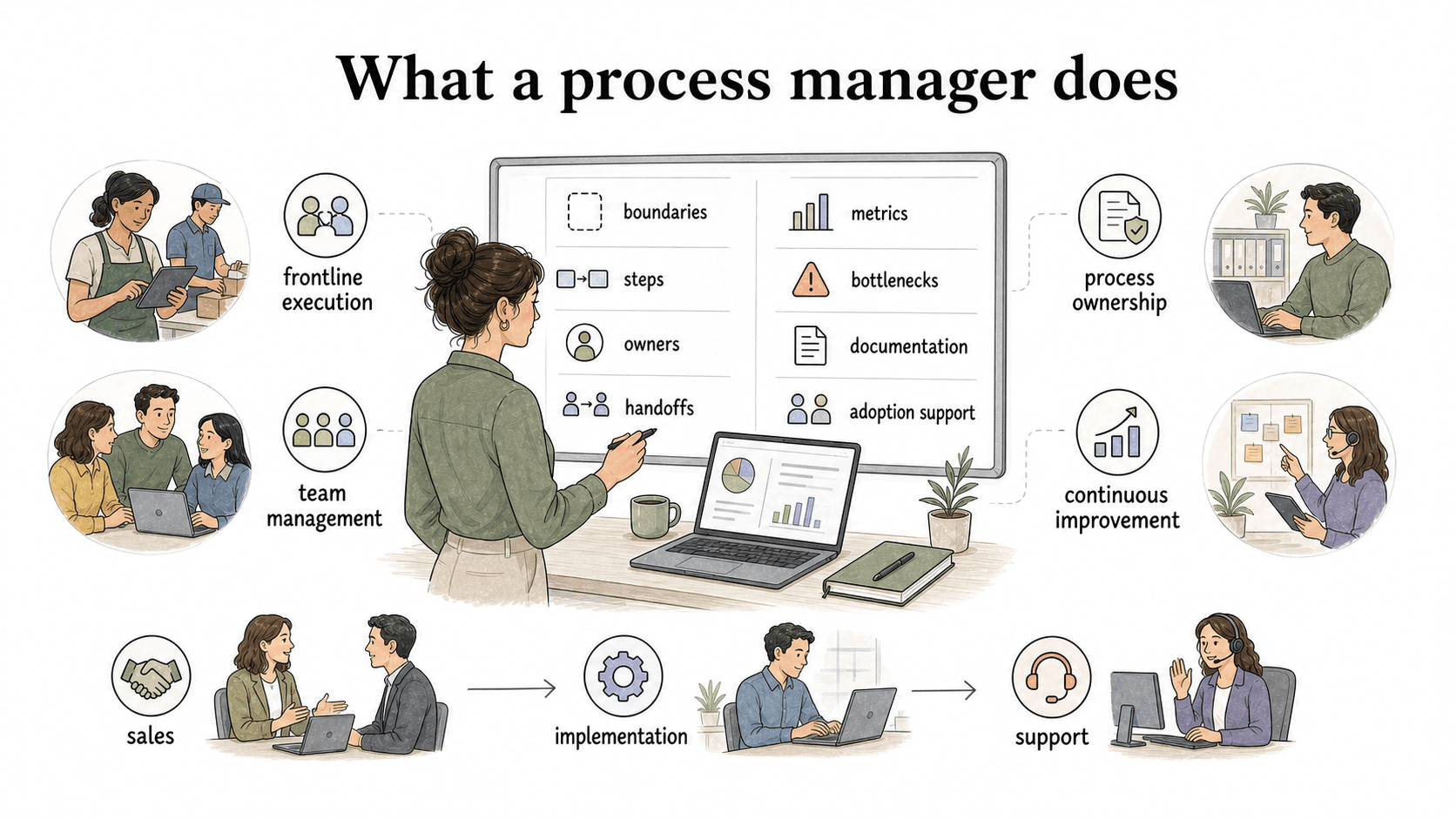 A process manager keeps the workflow clear, measured, documented, and improving across handoffs, bottlenecks, ownership, and adoption support.