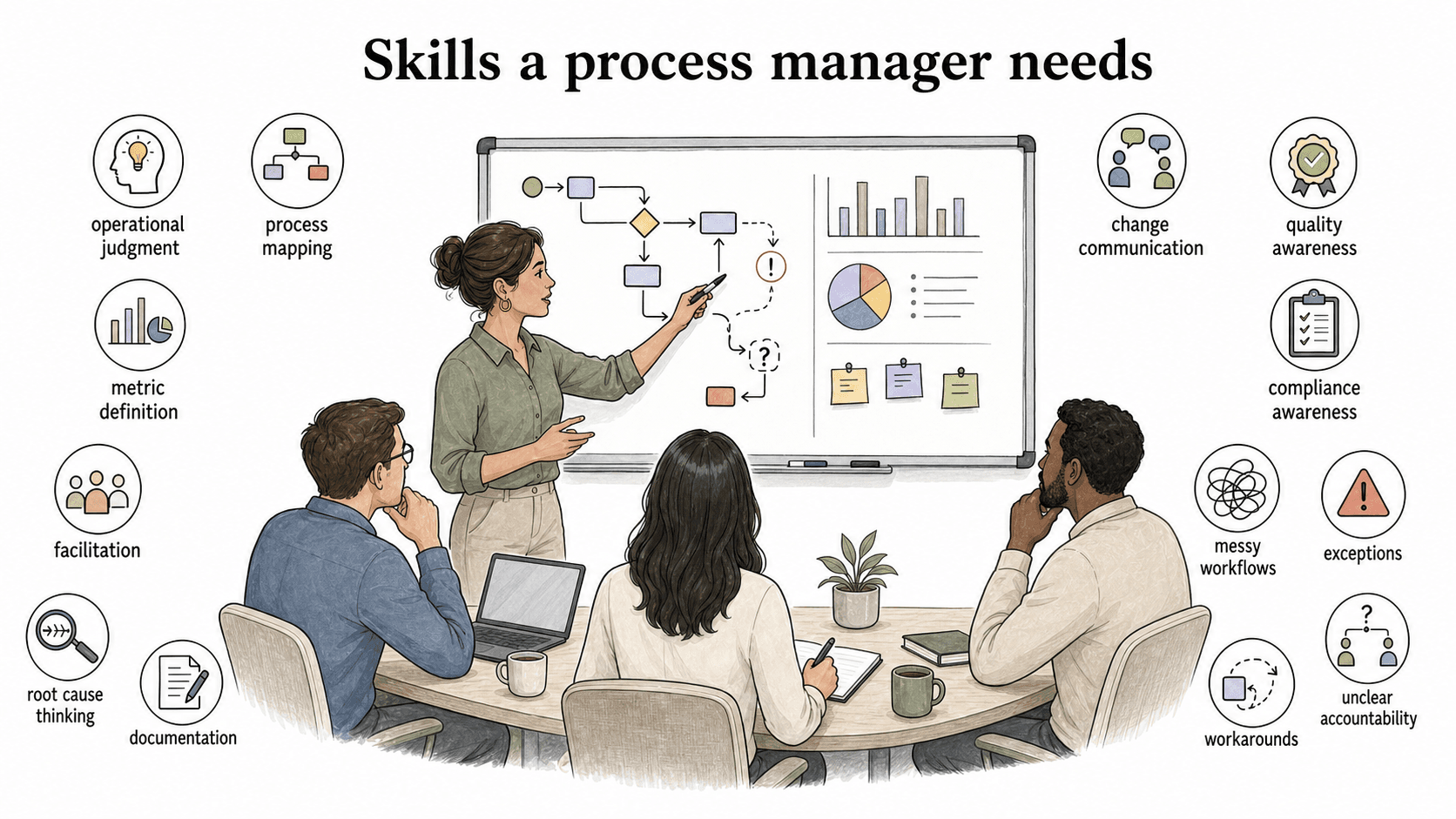 Strong process managers combine operational judgment, process mapping, metrics, facilitation, documentation, and change communication to handle messy workflows.