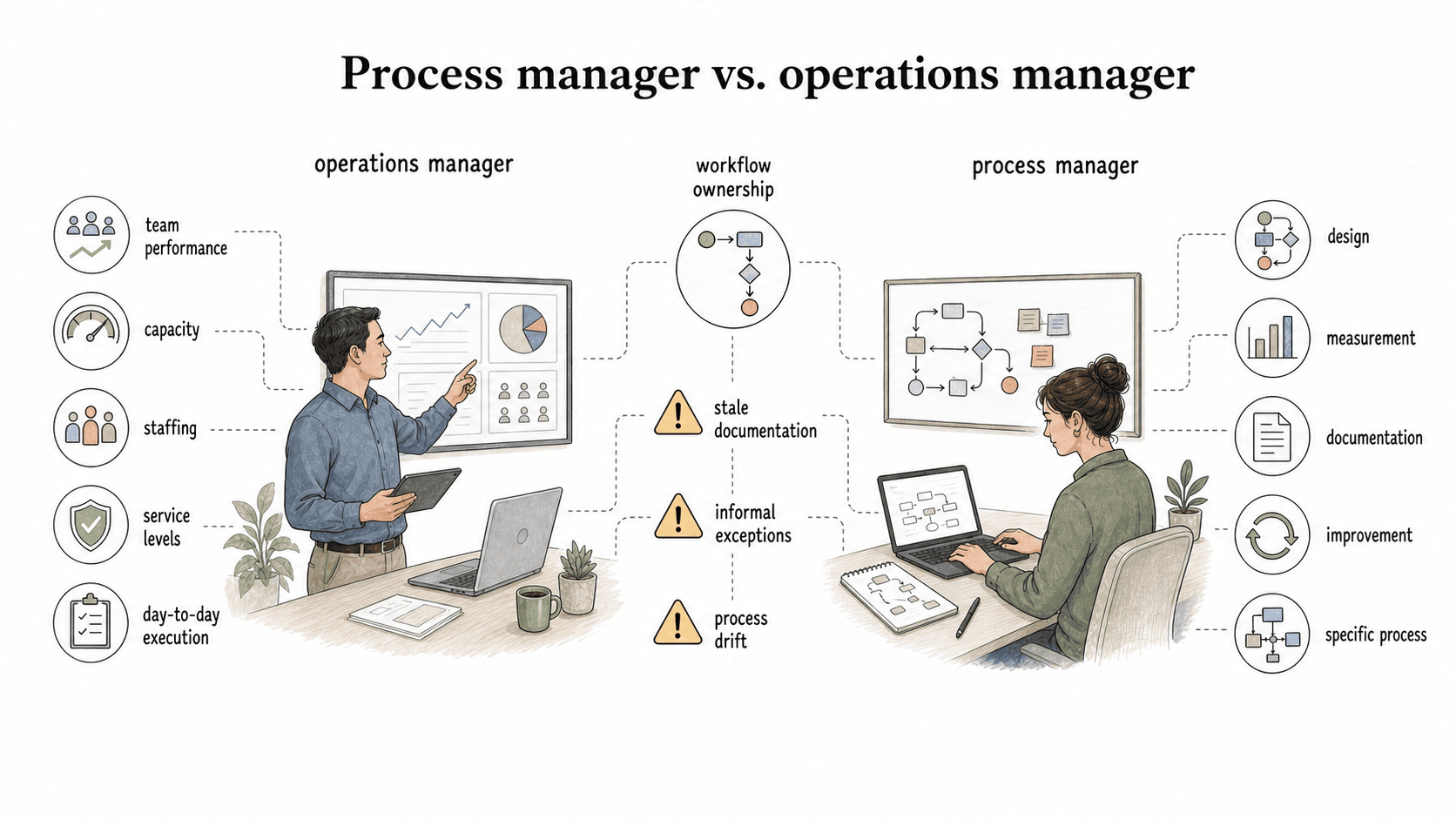 Operations managers oversee broader team execution, while process managers focus on workflow design, measurement, documentation, and improvement.