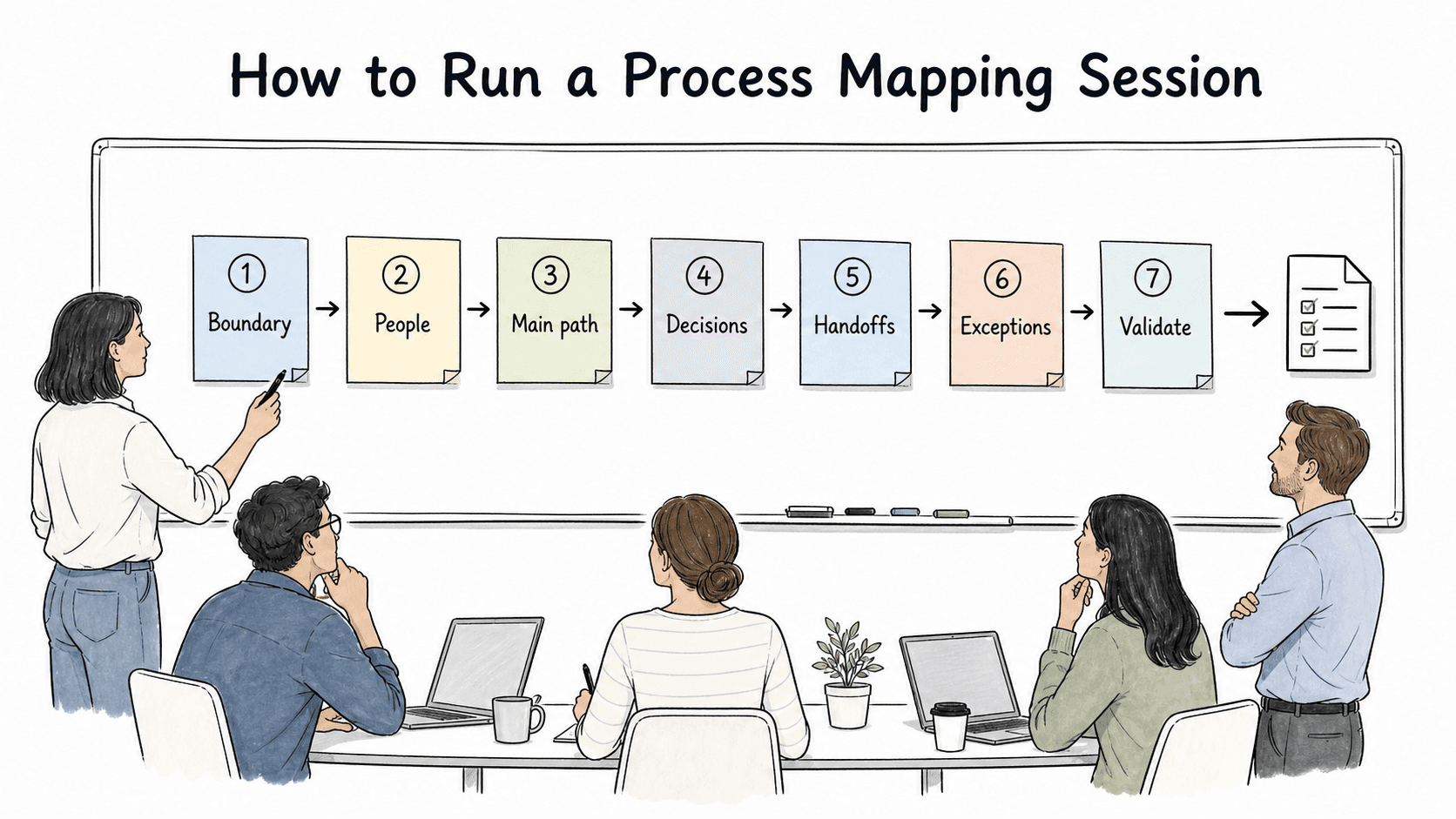 A useful mapping session starts with the real workflow, marks decisions and handoffs, validates the map, and turns findings into action.