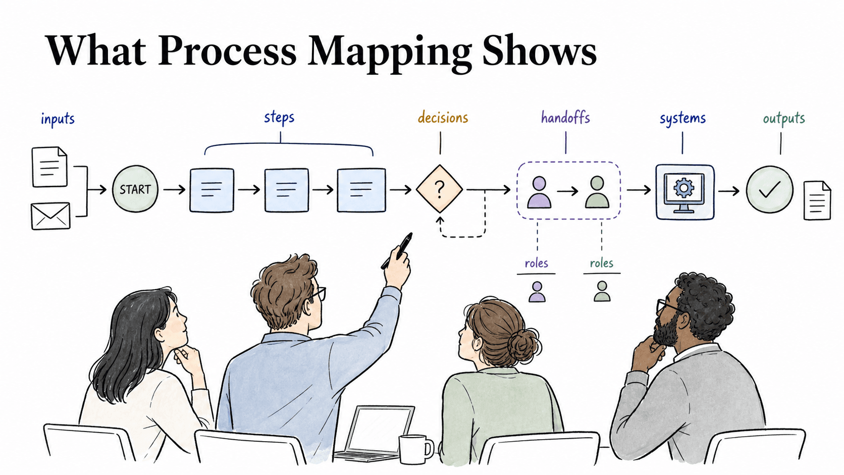 Process mapping gives the team a shared view of the steps, decisions, handoffs, roles, systems, inputs, and outputs that make up the workflow.