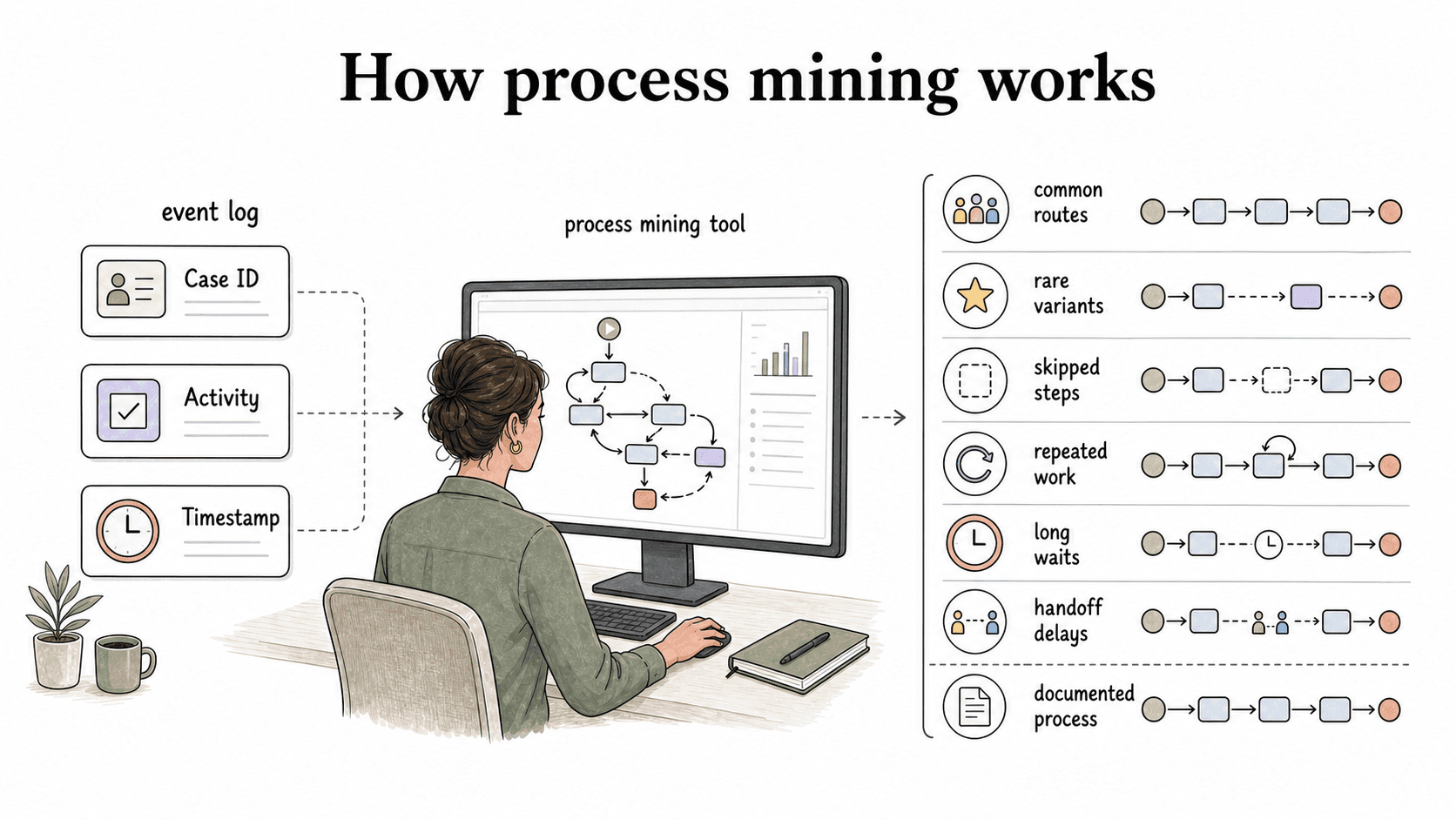 Process mining turns event logs into reconstructed process paths, showing common routes, variants, skipped steps, repeated work, waits, and handoff delays.